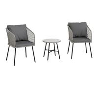 Outsunny Set di mobili da bistrot in rattan, 3 pezzi, con 2 sedie, tavolo in vetro temperato, cuscini, piedini regolabili, per giardino, balcone, grigio