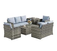 Outsunny Set di Mobili da Giardino in Rattan 6 Pezzi, 7 Posti Grigio | Salotto da Giardino Esterno, Tavolo da Caffè, Tavolo Laterale Contenitore, 2 Divani, 2 Poltrone, Cuscini Lavabili, Acciaio