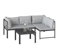 Outsunny Set Salotto da Giardino 3 Pezzi, Set di Mobili da Giardino con 2 Divani 2 Posti con Braccioli Regolabili, Tavolino a Doghe, Cuscini, Struttura in Metallo, Salottino da Esterno ad L, Grigio