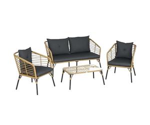Outsunny Set Mobili da Giardino in Rattan 4 Pezzi, Salotto da Giardino Esterno con Divanetto 2 Posti, 2 Poltrone con Cuscini e Tavolino con Piano in Vetro con Piedi Regolabili, Marrone e Grigio Scuro