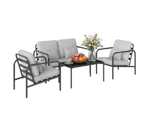 Outsunny Set Salotto da Giardino 4 Pezzi Divano 2 Posti Grigio Chiaro | Set di Mobili da Giardino in Acciaio, 2 Poltrone, Tavolino in Vetro, Cuscini Spessi, Cuscini Lombari, Salottino da Esterno
