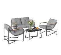 Outsunny Set Salotto da Giardino 4 Pezzi, Divano 2 Posti, Grigio Chiaro | Set di Mobili da Giardino in Metallo, 2 Poltrone, Tavolino in Vetro, Cuscini Spessi, Salottino da Esterno, Patio Balcone
