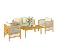 Outsunny Set Salotto da Giardino 4 Pezzi in Legno Acacia, Set di Mobili da Giardino con Divano 2 Posti, 2 Poltrone, Tavolino a Doghe, Cuscini e Decorazioni in Corda, per Patio Balcone, Beige/Naturale