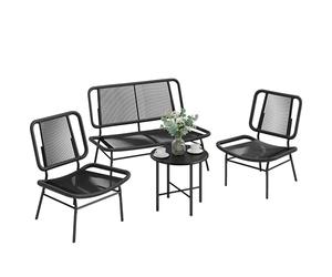 Outsunny Set Salotto da Giardino 4 Pezzi in Rattan, Set di Mobili da Giardino con Divano a 2 Posti, 2 Sedie, Tavolino da Caffè Piano Metallo, Struttura in Acciaio, Salottino da Esterno Balcone, Nero