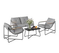 Outsunny Set Salotto da Giardino 4 Pezzi, Set di Mobili da Giardino in Metallo con Divano 2 Posti, 2 Poltrone, Tavolino in Vetro, Cuscini Spessi, Salottino da Esterno per Patio Balcone, Grigio Chiaro
