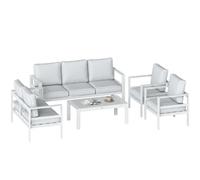 Outsunny Set Salotto da Giardino 5 Pezzi in Alluminio Divano Bianco | Cuscini Olefin, Sedute Profonde, 2 Poltrone, Divano 2/3 Posti, Tavolo Effetto Legno, da Esterno