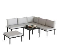 Outsunny Set Salotto da Giardino 6 Pezzi, Set di Mobili da Giardino Angolare con Divano 2 Posti, 3 Sedie, Poggiapiedi, Tavolino in Vetro, Cuscini, Salottino da Esterno ad L in Metallo, Grigio Chiaro