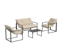 Outsunny Set Salotto da Giardino da 4 Pezzi, Set di Mobili con Divanetto a 2 Posti, 2 Poltrone, Cuscini e Tavolino da Caffè in Vetro, Struttura in Acciaio, Beige e Grigio