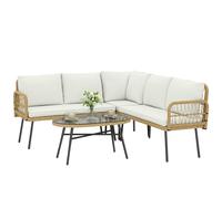 Outsunny Set Salotto da Giardino in Rattan 4 Pezzi, Salottino da Giardino Esterno ad L con 2 Divani 2 Posti, Angolo, Tavolino da Caffè, Cuscini, Struttura in Acciaio, per Balcone Patio, Naturale/Crema