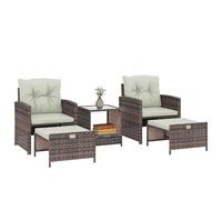 Outsunny Set Salotto da Giardino in Rattan 5 Pezzi, Set di Mobili da Giardino con 2 Poggiapiedi Salvaspazio, 2 Poltrone, Tavolo da Caffè a 2 Livelli, Cuscini, per Esterno Balcone Patio, Marrone/Crema