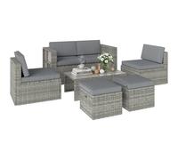 Outsunny Set Salotto da Giardino in Rattan 6 Pezzi, Set di Mobili da Giardino Sovrapponibili Salvaspazio in Acciaio con Divano 2 Posti, 2 Poltrone, 2 Poggiapiedi, Tavolo Vetro, Cuscini, Grigio Scuro