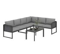 Outsunny Set Salotto da Giardino per 6 Persone, Set di Mobili da Giardino Angolare con 3 Divani 2 Posti in Texteline, Tavolino Piano Effetto Legno, Cuscini Lavabili, Salottino da Esterno ad L, Grigio