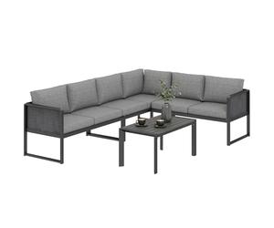 Outsunny Set Salotto da Giardino per 6 Persone, Set di Mobili da Giardino Angolare con 3 Divani 2 Posti in Texteline, Tavolino Piano Effetto Legno, Cuscini Lavabili, Salottino da Esterno ad L, Grigio