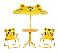 Outsunny Set salotto da giardino per bambini, 4 pezzi, design tigre - tavolo rotondo + 2 sedie pieghevoli + ombrellone, metallo epossidico Oxford giallo
