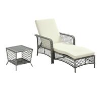 Outsunny Set Sdraio e Tavolino da Giardino in Rattan PE, Lettino Prendisole Regolabile in 5 Posizioni e Tavolino a 2 Ripiani, Bianco Crema
