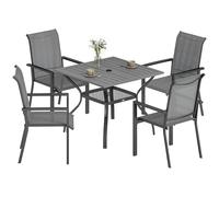 Outsunny Set Tavolo e Sedie da Giardino 5 Pezzi, Set da Pranzo con Tavolo, Foro per Ombrellone, 4 Sedie Impilabili in Texteline, Struttura in Acciaio, Set Mobili da Giardino per Terrazza Patio, Grigio