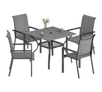 Outsunny Set Tavolo e Sedie da Giardino 5 Pezzi Set da Pranzo Grigio | Foro per Ombrellone, 4 Sedie Impilabili in Texteline, Struttura in Acciaio, per Terrazza Patio