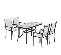 Outsunny Set Tavolo e Sedie da Giardino 5 Pezzi, Set Pranzo Esterno con 4 Sedie Impilabili Texteline, Tavolo Vetro Temperato, Foro Ombrellone, Struttura in Acciaio per Terrazza Balcone, Grigio Chiaro