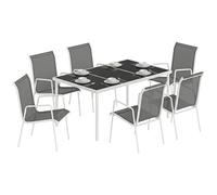 Outsunny Set Tavolo e Sedie da Giardino 7 Pezzi, Set Pranzo Esterno con 6 Sedie Impilabili in Texteline, Tavolo in Vetro Temperato, Struttura in Metallo, per Terrazza Balcone, Grigio