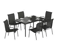 Outsunny Set Tavolo e Sedie da Giardino 7 Pezzi, Set Pranzo Esterno con 6 Sedie Impilabili in Texteline, Tavolo in Vetro Temperato, Struttura in Metallo, per Terrazza Balcone, Nero