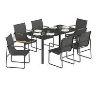 Outsunny Set Tavolo e Sedie da Giardino 7 Pezzi, Set Pranzo Esterno con Tavolo in Vetro Temperato, 6 Sedie in Texteline Traspirante, Braccioli Decorativi, Struttura Acciaio per Terrazza Balcone, Nero