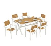Outsunny Set Tavolo e Sedie da Giardino 7 Pezzi, Set Pranzo Esterno in Alluminio con 6 Sedie Impilabili, Tavolo da Giardino con Piano a Doghe Effetto Legno, per Terrazza Balcone Patio, Color Teak