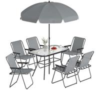 Outsunny Set Tavolo e Sedie da Giardino 8 Pezzi con Ombrellone Grigio | Set da Pranzo Esterno, 6 Sedie Pieghevoli in Texteline, Tavolo in Vetro Temperato, Struttura in Acciaio, per Terrazza Balcone