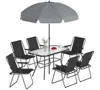 Outsunny Set Tavolo e Sedie da Giardino 8 Pezzi con Ombrellone Nero | Set da Pranzo Esterno, 6 Sedie Pieghevoli in Texteline, Tavolo in Vetro Temperato, Struttura in Acciaio, per Terrazza Balcone