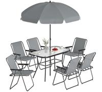 Outsunny Set Tavolo e Sedie da Giardino 8 Pezzi con Ombrellone, Set da Pranzo Esterno con 6 Sedie Pieghevoli in Texteline, Tavolo in Vetro Temperato, Struttura in Acciaio per Terrazza Balcone, Grigio