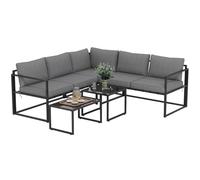 Outsunny Soggiorno da giardino esterno angolare 4 pezzi con divano a 3 posti e 2 posti, 2 tavolini estraibili in vetro temperato, cuscini inclusi, veranda grigio