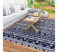 Outsunny Tappeto da Esterno per Balcone e Terrazza, Tappetino Reversibile con Fantasia Geometrica, Resistente ai Raggi UV, per Giardino, Patio, Spiaggia, Picnic, 182x274 cm, Blu e Bianco