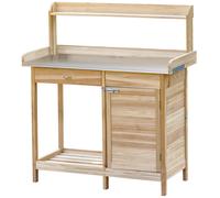 Outsunny Tavolo da lavoro per piante con piano zincato, tavolo da giardinaggio con cassetto e armadietto, legno massiccio, naturale, 112 x 48 x 125 cm Aosom Italy
