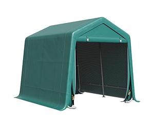 Outsunny Tenda da giardino per esterni, per attrezzi, biciclette, 2,4 x 2 m, capannone esterno con telaio in metallo, porta arrotolabile con cerniera, impermeabile, anti-UV, garage portatile, verde