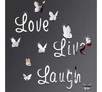 Outus Adesivi Farfalla Specchio Fai da Te Argento Love Live Laugh Lettere da Parete Farfalla Adesivi Murali Farfalla 3D Specchio Decalcomania della Decorazione per Casa