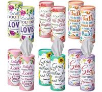 Outus Confezione da 12 contenitori cilindrici per fazzoletti per auto cristiani con 3 strati per fazzoletti per il viso, fiori sfusi rotondi per auto, versi della Bibbia, scatole per fazzoletti da