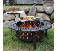 OutVue Braciere da 91 cm con 2 griglie, braciere a legna per esterni con coperchio, attizzatoio e copertura rotonda impermeabile, barbecue e braciere all'aperto e tavolo rotondo in metallo 3 in 1 per
