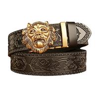 ouxei Men's Leather Belt With Flame Lion Head Automatic Sliding Buckle Western Style((black),(110cm/waist:36~38))
