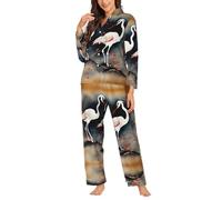 Ouyniei Due gru giapponesi che volano pittura tradizionale delle donne a maniche lunghe pigiama Button camicia Set 2 pezzi indumenti da notte per le signore S-XXL, Nero , L