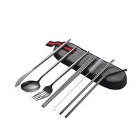 OUYNIEI Set da tavola portatile da 7 pezzi: coltello, forchetta, cucchiaio, bacchette e cannuccia, con borsa, per uso esterno e cucina (nero, 8 pezzi)