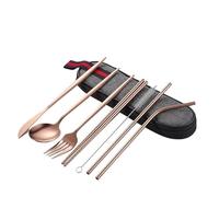OUYNIEI Set da tavola portatile da 7 pezzi: coltello, forchetta, cucchiaio, bacchette e cannuccia, con borsa, per uso esterno e cucina (oro rosato, 8 pezzi)