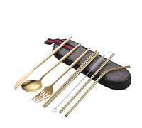 OUYNIEI Set da tavola portatile da 7 pezzi, coltello, forchetta, cucchiaio, bacchette e cannuccia, con borsa, per uso esterno e cucina (set da 8 pezzi)