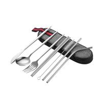 OUYNIEI Set da tavola portatile da 7 pezzi: coltello, forchetta, cucchiaio, bacchette e cannuccia, con borsa, per uso esterno e cucina (argento, set da 8 pezzi)