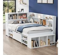 OUZHOU Lettino per bambini, 90 x 200 cm, letto singolo, con vano portaoggetti, in legno, con armadio, libreria, cassetti, letto piano, letto funzionale per ragazzi, letto con rete a doghe, senza