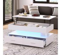 OUZHOU Tavolino da salotto regolabile in altezza, con illuminazione a LED, tavolo da soggiorno con 2 cassetti, spazio aperto e nascosto, tavolino da divano, tavolo per soggiorno, bianco