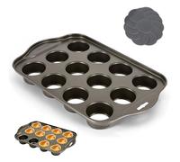 OUZHOU Vassoio antiaderente per 12 muffin, con fondo rimovibile, in acciaio al carbonio, lavabile in lavastoviglie, riutilizzabile, per Yorkshire, budino, torte, cupcake, brownies