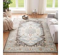 OUZUIU Tappeto bohémien vintage, antiscivolo, morbido, in poliestere a pelo corto, lavabile in lavatrice, colore grigio invecchiato con motivo geometrico, per decorazione classica del soggiorno, 90 x