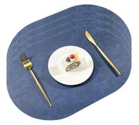 Oval Placemats Set of 4/6, Faux Leather Waterproof Oil-Proof PU Dining Table Mats for Kitchen, Restaurant, Coffee Shop(Blue,Set of 4)