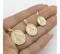 Ovale Testurizzati Maria Miracolosa Ciondolo Vero Solido 10K Giallo Bianco Oro