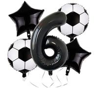 Ovanda 5 palloncini da calcio, con numeri neri, 6 palloncini in pellicola, decorazione per compleanno, per bambini, per bambini, compleanno, campionato del mondo, festa di gioco, palloncini a stella