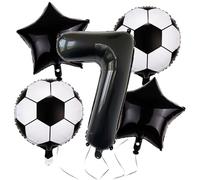 Ovanda 5 palloncini da calcio, con numeri neri, 7 palloncini, decorazione per compleanno, per bambini, per bambini, compleanno, campionato del mondo, festa di gioco, palloncini a stella, palloncini